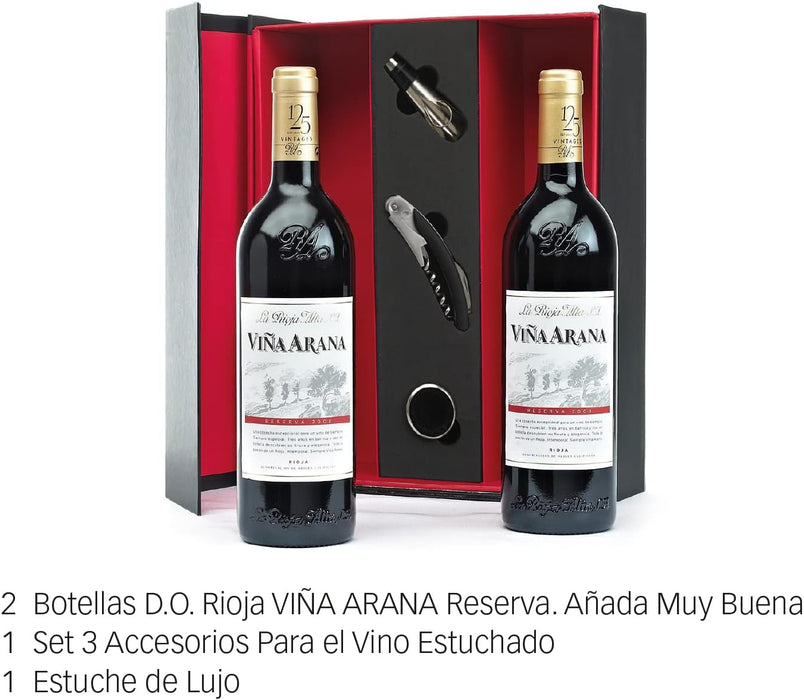 Estuche de Lujo con Vino Rioja Viña Arana Gran Reserva. Un regalo gourmet que incluye una botella de vino tinto y un set de 3 accesorios, con tarjeta personalizada. Cia&Co - uso