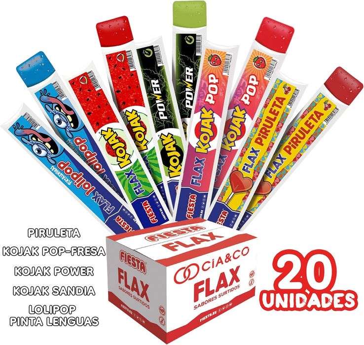 Flashes Fiesta Surtido de 20 Polos para Congelar Cia&Co (20x70ml). El pack de verano con los 5 sabores de golosinas más famosos: Piruleta, Kojak Fresa, Kojak Sandía, Energy y Pinta Lenguas. Cia&Co - ingredientes