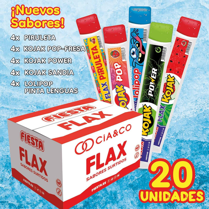 Flashes Fiesta Surtido de 20 Polos para Congelar Cia&Co (20x70ml). El pack de verano con los 5 sabores de golosinas más famosos: Piruleta, Kojak Fresa, Kojak Sandía, Energy y Pinta Lenguas. Cia&Co - detalle