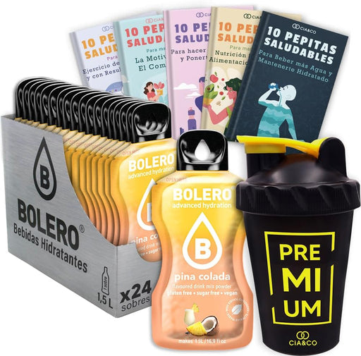 Kit Bolero Piña Colada: 24 sobres de bebida sin azúcar, botella mezcladora Cia&Co y 50 Pepitas Saludables. La experiencia tropical definitiva para tu hidratación saludable. Cia&Co - frontal