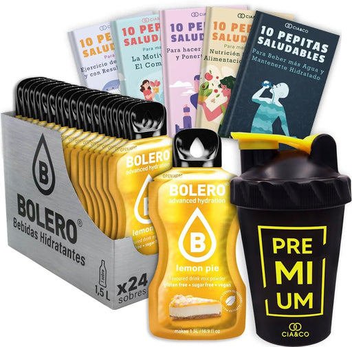 Kit Bolero Tarta de Limón: 24 sobres de bebida sin azúcar, una botella mezcladora Cia&Co y 50 Pepitas Saludables. La experiencia gourmet para una hidratación deliciosa y saludable. Cia&Co - frontal