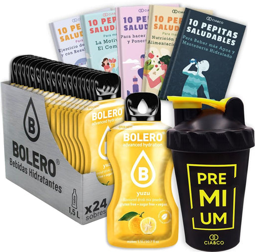 Kit Bolero Yuzu: 24 sobres de bebida gourmet sin azúcar, botella mezcladora Cia&Co y 50 Pepitas Saludables. La experiencia cítrica más sofisticada para tu hidratación. Cia&Co - frontal