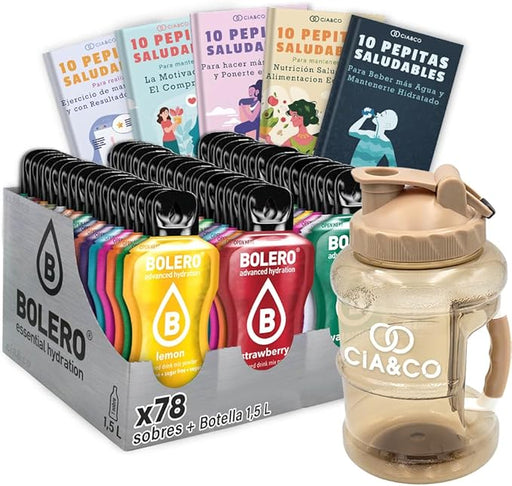 Kit completo Bolero con 78 sabores variados, botella de 1.5L (marrón) y 50 Pepitas Saludables Cia&Co. Hidratación natural sin azúcar, gluten ni conservantes. Cia&Co - frontal
