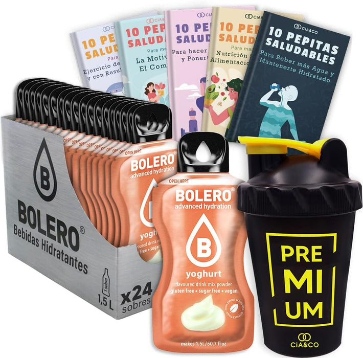 Kit completo Bolero sabor Yogurt: 24 sobres de bebida sin azúcar, botella mezcladora shaker y 50 Pepitas Saludables Cia&Co para una hidratación cremosa y saludable. Cia&Co - frontal