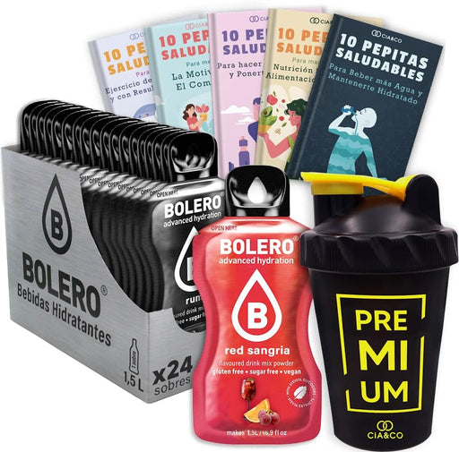 Kit completo con 24 sobres de Bolero sabor Sangría Roja, 50 Pepitas Saludables y botella shaker Cia&Co. La forma ideal de disfrutar de una sangría sin azúcar. Cia&Co - frontal