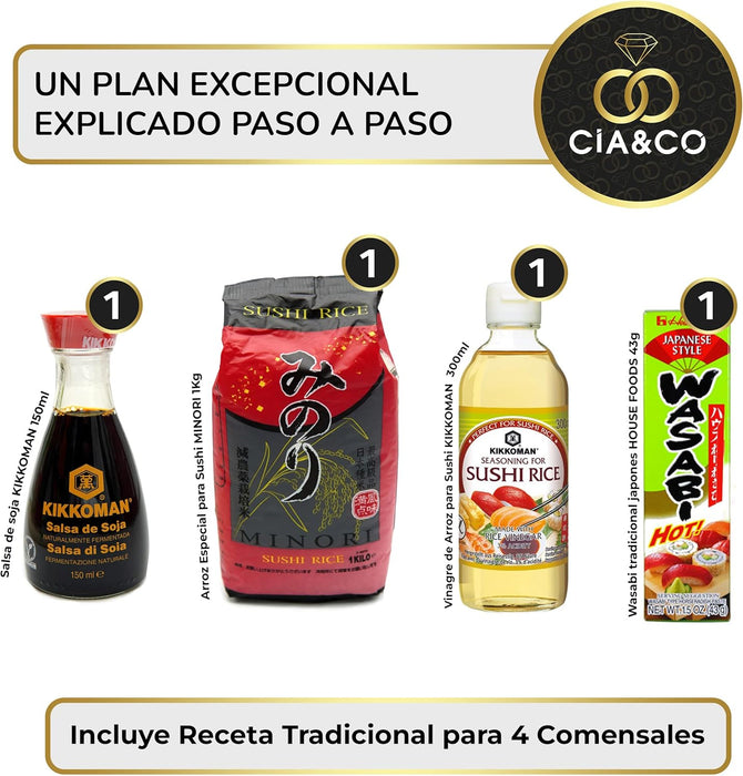 Kit Completo para Hacer Sushi en Casa de Cia&Co. Un pack regalo con todos los ingredientes y utensilios para 4 personas, ideal para principiantes y amantes de la cocina japonesa. Cia&Co - detalle