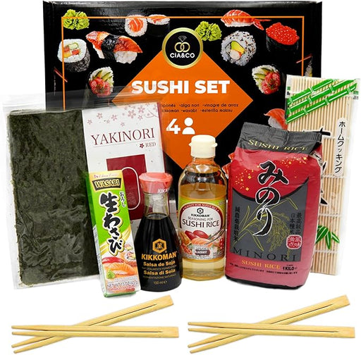 Kit Completo para Hacer Sushi en Casa de Cia&Co. Un pack regalo con todos los ingredientes y utensilios para 4 personas, ideal para principiantes y amantes de la cocina japonesa. Cia&Co - frontal