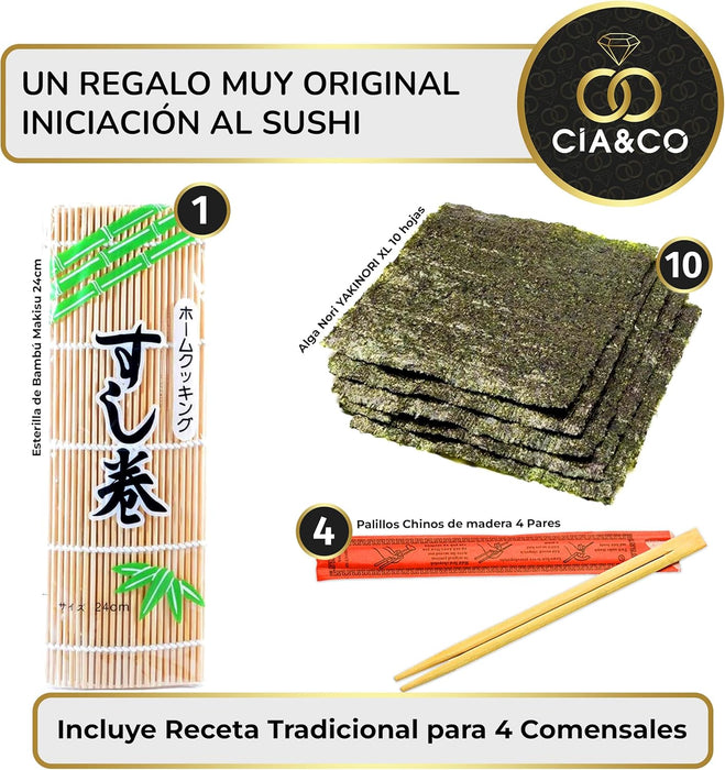 Kit Completo para Hacer Sushi en Casa de Cia&Co. Un pack regalo con todos los ingredientes y utensilios para 4 personas, ideal para principiantes y amantes de la cocina japonesa. Cia&Co - ingredientes