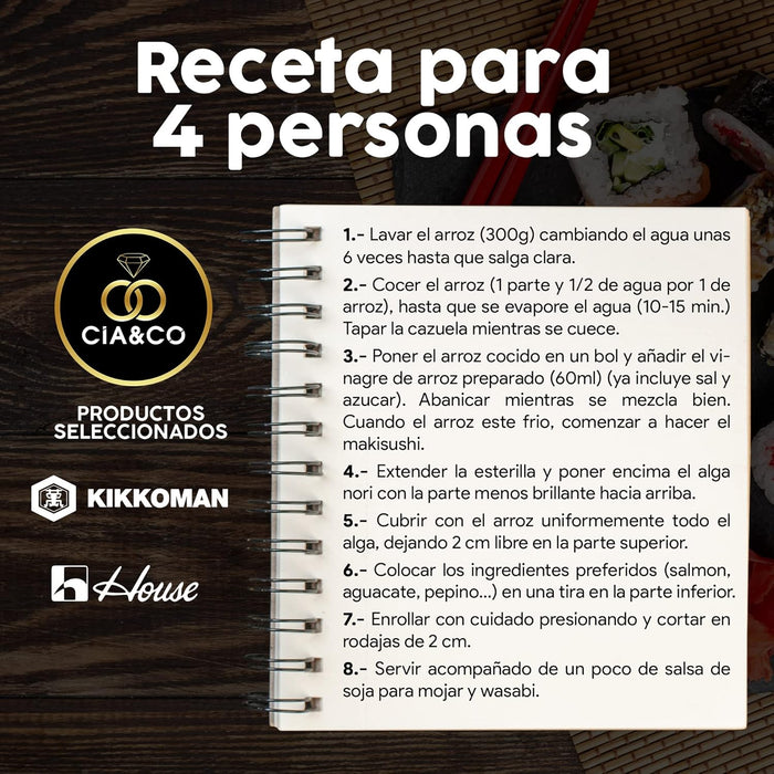 Kit Completo para Hacer Sushi en Casa de Cia&Co. Un pack regalo con todos los ingredientes y utensilios para 4 personas, ideal para principiantes y amantes de la cocina japonesa. Cia&Co - uso