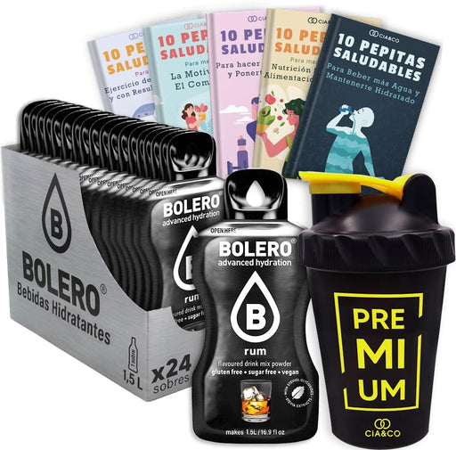 Kit premium con 24 sobres de Bolero sabor Ron sin alcohol, 50 Pepitas Saludables y una botella mezcladora shaker. La experiencia caribeña más completa. Cia&Co - frontal