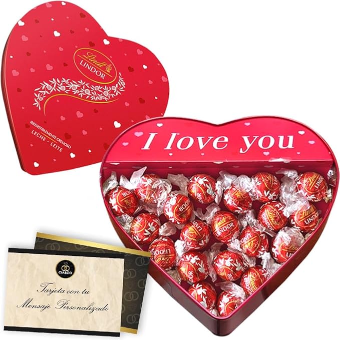 Lata de Corazón con 250g de Bombones Lindt Lindor y Tarjeta Personalizable Cia&Co. Un regalo de San Valentín o aniversario con cremosos bombones de chocolate con leche. Cia&Co - frontal