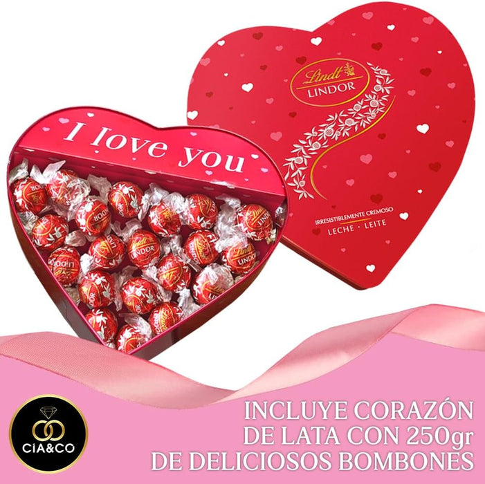 Lata de Corazón con 250g de Bombones Lindt Lindor y Tarjeta Personalizable Cia&Co. Un regalo de San Valentín o aniversario con cremosos bombones de chocolate con leche. Cia&Co - ingredientes