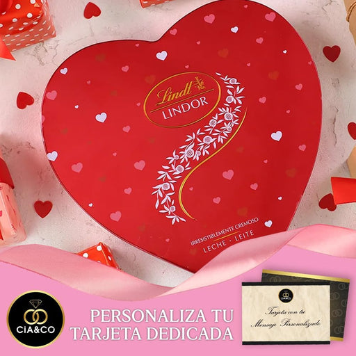 Lata de Corazón con 250g de Bombones Lindt Lindor y Tarjeta Personalizable Cia&Co. Un regalo de San Valentín o aniversario con cremosos bombones de chocolate con leche. Cia&Co - uso