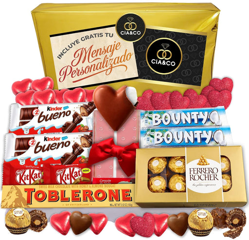 Lote Corazón de Cia&Co, un Regalo Dulce para Enamorados. Una caja con un surtido de bombones y chocolates de primeras marcas, envuelta para regalo y con tarjeta personalizable. Cia&Co - frontal