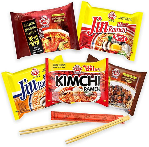 Lote de 5 Ramen Coreanos Ottogi con Palillos Cia&Co. Un pack de degustación con los sabores más populares: Kimchi, Jin Picante y Suave, Marisco Jjambbong y Frijol Negro Jjajang. Cia&Co - frontal