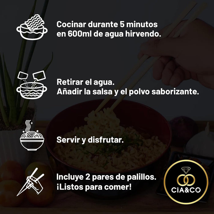 Lote de 5 Ramen Coreanos Ottogi con Palillos Cia&Co. Un pack de degustación con los sabores más populares: Kimchi, Jin Picante y Suave, Marisco Jjambbong y Frijol Negro Jjajang. Cia&Co - ingredientes