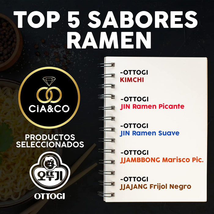 Lote de 5 Ramen Coreanos Ottogi con Palillos Cia&Co. Un pack de degustación con los sabores más populares: Kimchi, Jin Picante y Suave, Marisco Jjambbong y Frijol Negro Jjajang. Cia&Co - pack