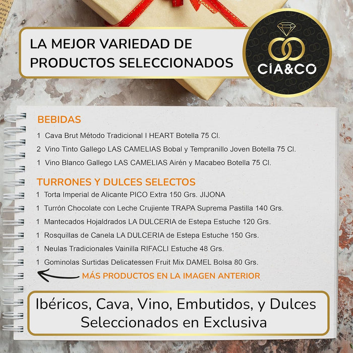 Lote de Navidad Gourmet A204 de Cia&Co. La cesta de regalo perfecta para agradecer, con una selección de productos de calidad y tarjeta personalizable con tu foto o logo. Cia&Co - detalle
