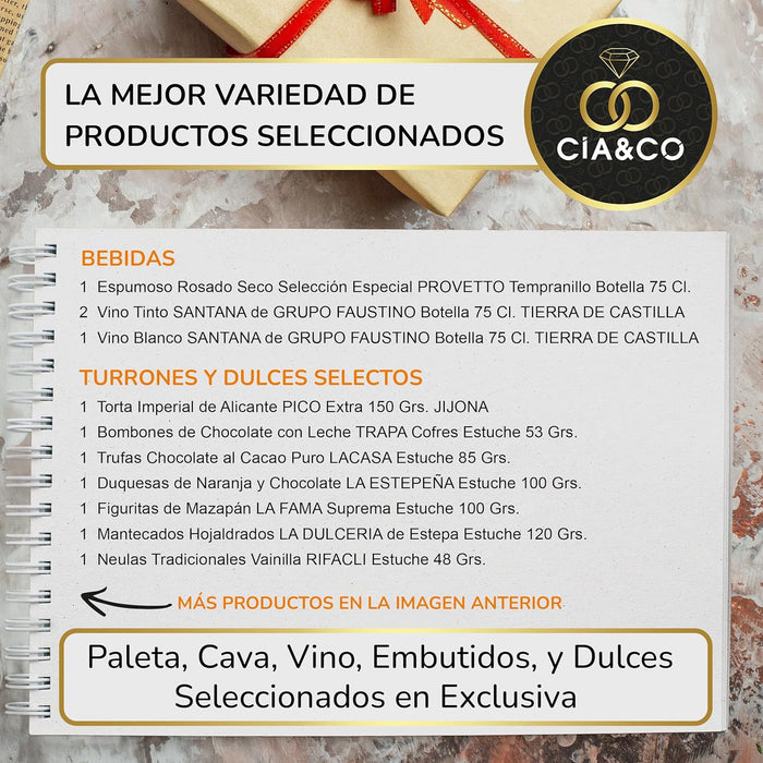 Lote de Navidad Gourmet A206 de Cia&Co. Una cesta de regalo elegante y sofisticada con productos de primeras marcas, ideal para un detalle de prestigio. Incluye tarjeta personalizable. Cia&Co - detalle