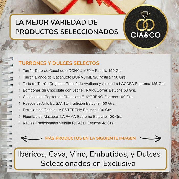 Lote de Navidad Gourmet A208 de Cia&Co. La cesta regalo con todo lo necesario para la celebración, con productos de primeras marcas y tarjeta con tu foto o logo. Cia&Co - detalle