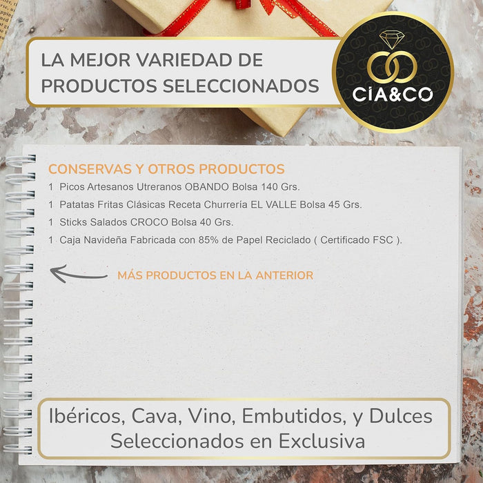 Lote de Navidad Gourmet A208 de Cia&Co. La cesta regalo con todo lo necesario para la celebración, con productos de primeras marcas y tarjeta con tu foto o logo. Cia&Co - ingredientes