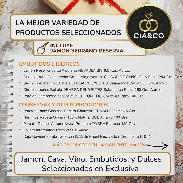 Lote de Navidad Gourmet A308 con Jamón de Cia&Co. Una cesta de regalo para anfitriones, con una selección de productos de lujo y tarjeta personalizable con imagen o logo. Cia&Co - detalle