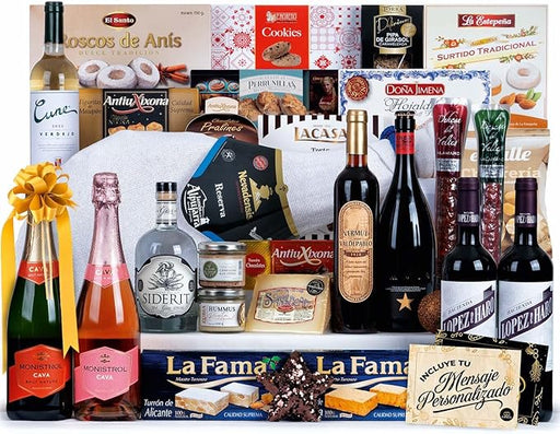 Lote de Navidad Gourmet A308 con Jamón de Cia&Co. Una cesta de regalo para anfitriones, con una selección de productos de lujo y tarjeta personalizable con imagen o logo. Cia&Co - frontal