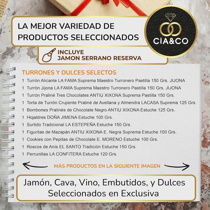 Lote de Navidad Gourmet A308 con Jamón de Cia&Co. Una cesta de regalo para anfitriones, con una selección de productos de lujo y tarjeta personalizable con imagen o logo. Cia&Co - ingredientes