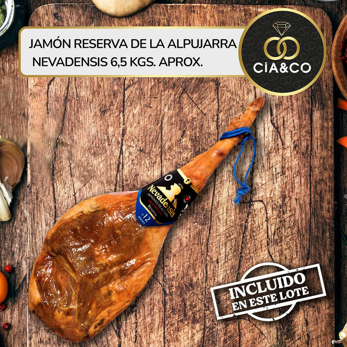 Lote de Navidad Gourmet A308 con Jamón de Cia&Co. Una cesta de regalo para anfitriones, con una selección de productos de lujo y tarjeta personalizable con imagen o logo. Cia&Co - pack