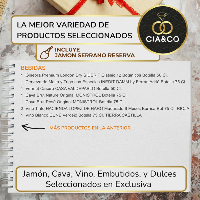 Lote de Navidad Gourmet A308 con Jamón de Cia&Co. Una cesta de regalo para anfitriones, con una selección de productos de lujo y tarjeta personalizable con imagen o logo. Cia&Co - uso
