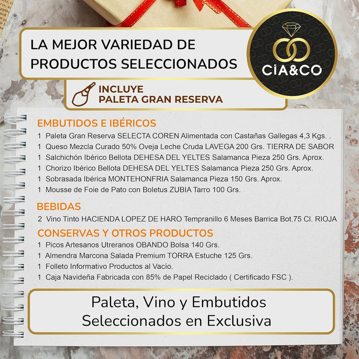 Lote de Navidad Gourmet con Paleta Ibérica A402 de Cia&Co. Una cesta regalo con una selección de lujo, ideal para empresas o familias, con tarjeta personalizable. Cia&Co - detalle