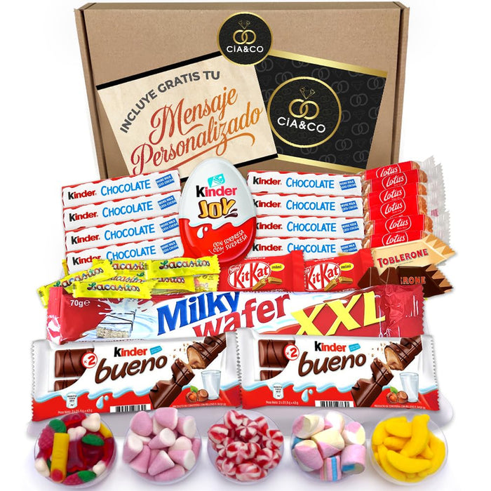 Lote Regalo con +28 Chocolates Kinder y +400g de Chuches Sin Gluten. Incluye Kinder Joy, Bueno, Toblerone y más, con tarjeta personalizable con tu foto o logo. Cia&Co - frontal