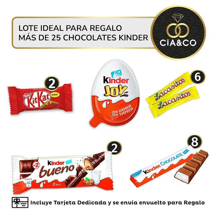 Lote Regalo con +28 Chocolates Kinder y +400g de Chuches Sin Gluten. Incluye Kinder Joy, Bueno, Toblerone y más, con tarjeta personalizable con tu foto o logo. Cia&Co - ingredientes