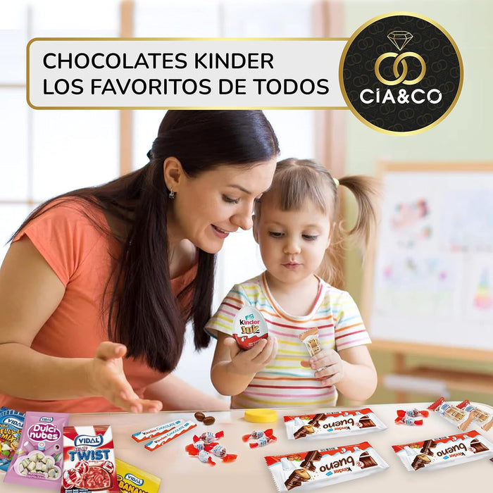 Lote Regalo con +28 Chocolates Kinder y +400g de Chuches Sin Gluten. Incluye Kinder Joy, Bueno, Toblerone y más, con tarjeta personalizable con tu foto o logo. Cia&Co - uso