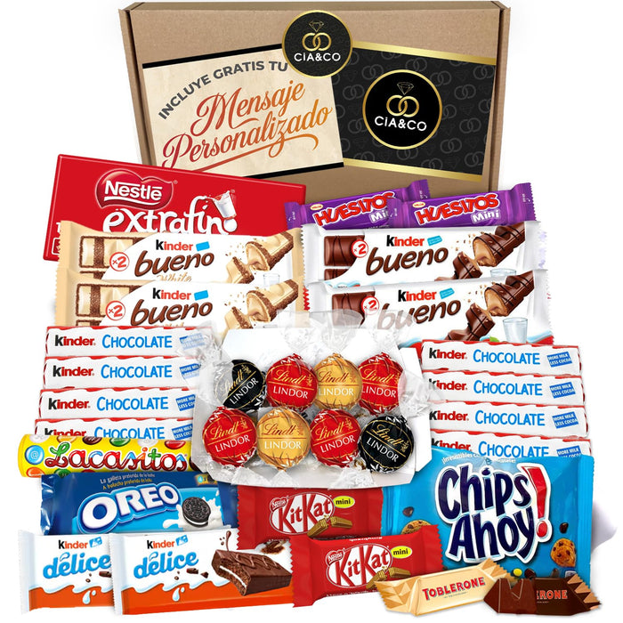Lote Regalo con +35 Bombones y Chocolates Premium Cia&Co. Un surtido de lujo con Lindt Lindor, Kinder Bueno, Toblerone y más, con tarjeta personalizable. Cia&Co - frontal