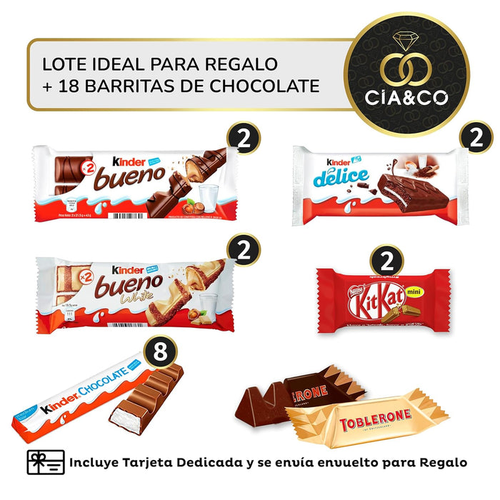 Lote Regalo con +35 Bombones y Chocolates Premium Cia&Co. Un surtido de lujo con Lindt Lindor, Kinder Bueno, Toblerone y más, con tarjeta personalizable. Cia&Co - ingredientes