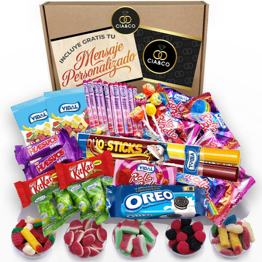 Lote Regalo con +45 Chuches y 450g de Gominolas Sin Gluten. Un surtido de Cia&Co con Kit Kat, Huesitos y Oreo, ideal para niños y celíacos, con tarjeta personalizable. Cia&Co - frontal
