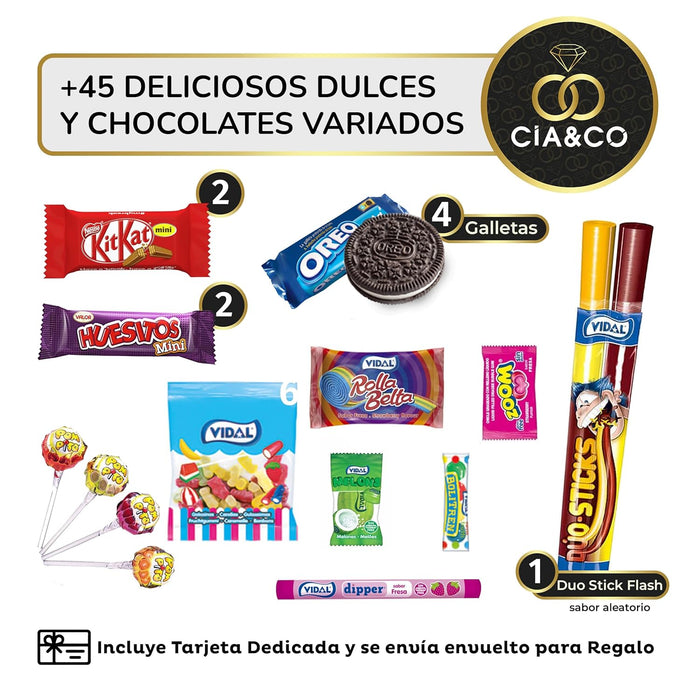 Lote Regalo con +45 Chuches y 450g de Gominolas Sin Gluten. Un surtido de Cia&Co con Kit Kat, Huesitos y Oreo, ideal para niños y celíacos, con tarjeta personalizable. Cia&Co - ingredientes