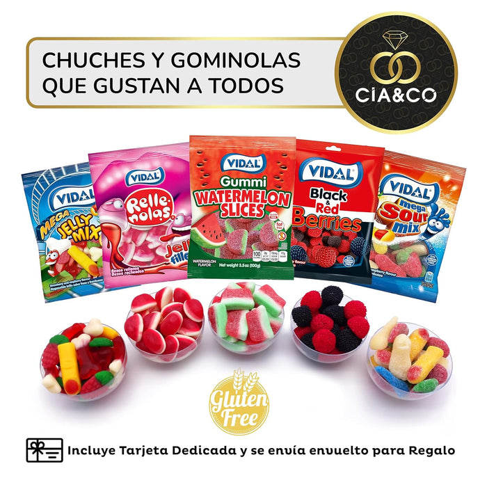 Lote Regalo con +45 Chuches y 450g de Gominolas Sin Gluten. Un surtido de Cia&Co con Kit Kat, Huesitos y Oreo, ideal para niños y celíacos, con tarjeta personalizable. Cia&Co - lateral