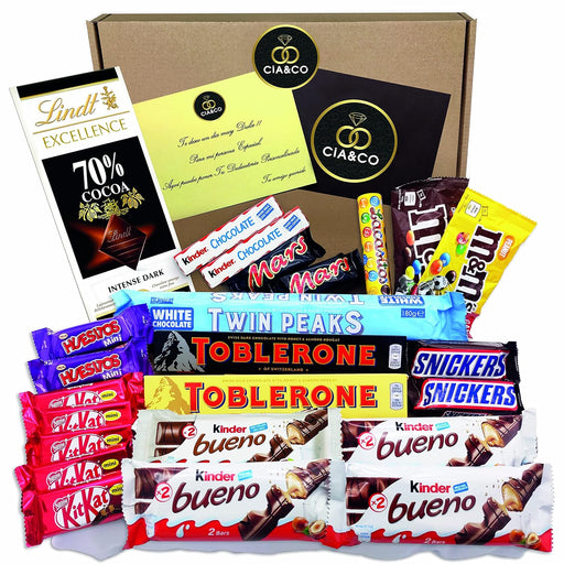 Lote Regalo para Amantes del Chocolate de Cia&Co. Una caja con un surtido de 24 chocolates de primeras marcas como Kinder, Lindt y Toblerone, con tarjeta personalizada. Cia&Co - frontal