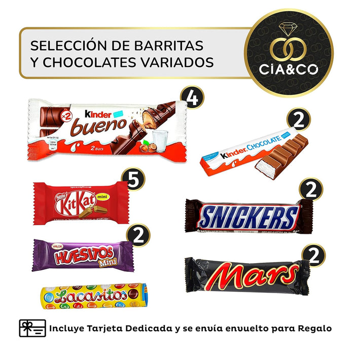Lote Regalo para Amantes del Chocolate de Cia&Co. Una caja con un surtido de 24 chocolates de primeras marcas como Kinder, Lindt y Toblerone, con tarjeta personalizada. Cia&Co - lateral