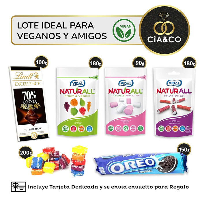 Lote Regalo Premium con 650g de Chuches Aptas para Veganos de Cia&Co. Un surtido sin gluten con chocolate Lindt, Oreo, Sugus, Smint y más, con tarjeta personalizada. Cia&Co - uso