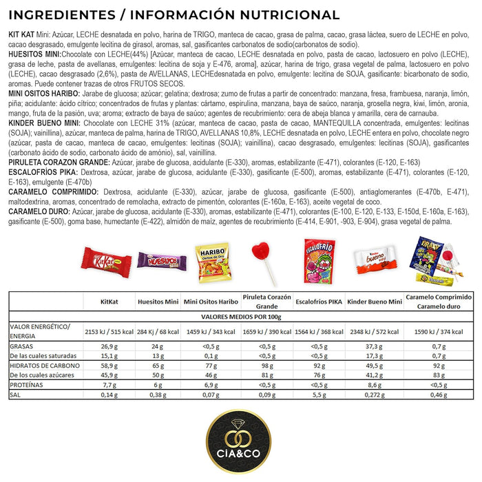 Lote Súper Chuches de Cia&Co con más de 800g de Golosinas. Un mega surtido de chocolates y chuches con Kit Kat, Huesitos y Haribo, ideal para piñatas y cumpleaños. Cia&Co - extra