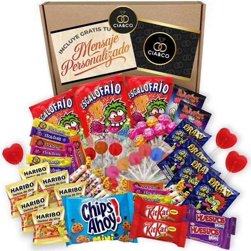 Lote Súper Chuches de Cia&Co con más de 800g de Golosinas. Un mega surtido de chocolates y chuches con Kit Kat, Huesitos y Haribo, ideal para piñatas y cumpleaños. Cia&Co - frontal