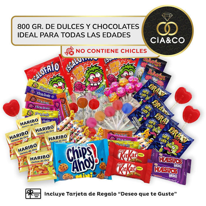Lote Súper Chuches de Cia&Co con más de 800g de Golosinas. Un mega surtido de chocolates y chuches con Kit Kat, Huesitos y Haribo, ideal para piñatas y cumpleaños. Cia&Co - ingredientes