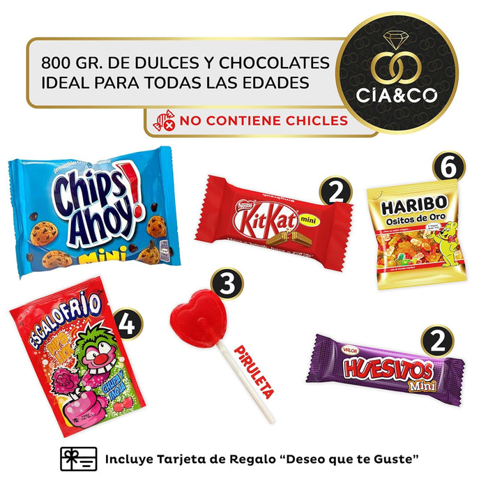 Lote Súper Chuches de Cia&Co con más de 800g de Golosinas. Un mega surtido de chocolates y chuches con Kit Kat, Huesitos y Haribo, ideal para piñatas y cumpleaños. Cia&Co - lateral