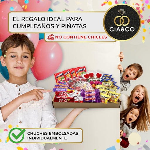Lote Súper Chuches de Cia&Co con más de 800g de Golosinas. Un mega surtido de chocolates y chuches con Kit Kat, Huesitos y Haribo, ideal para piñatas y cumpleaños. Cia&Co - pack