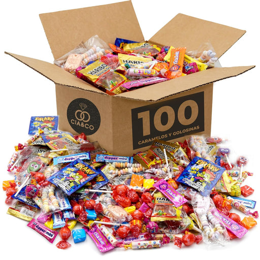 Mega Box de 100 Chuches, Caramelos y Golosinas de Cia&Co. Un surtido variado y envuelto individualmente, ideal para rellenar piñatas o preparar hasta 10 bolsas de cumpleaños. Cia&Co - frontal