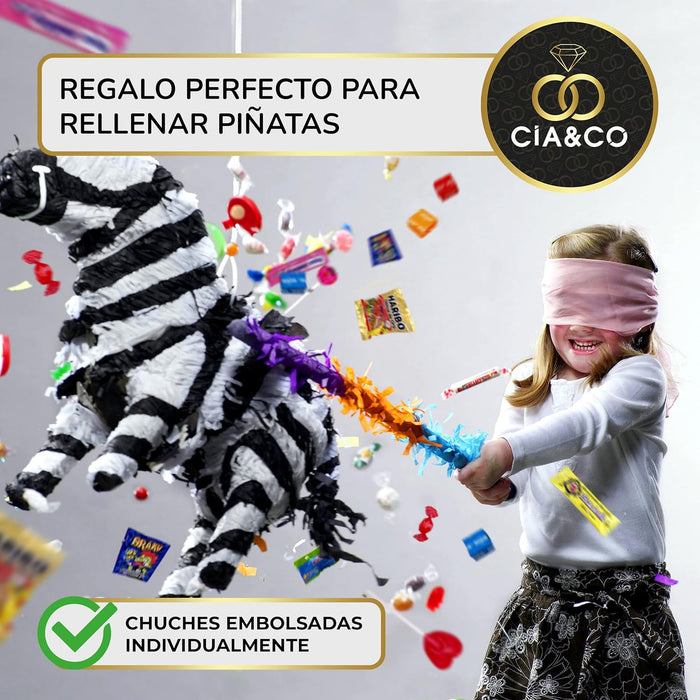 Mega Box de 100 Chuches, Caramelos y Golosinas de Cia&Co. Un surtido variado y envuelto individualmente, ideal para rellenar piñatas o preparar hasta 10 bolsas de cumpleaños. Cia&Co - ingredientes