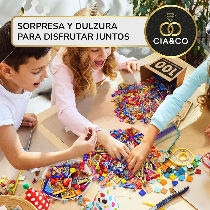 Mega Box de 100 Chuches, Caramelos y Golosinas de Cia&Co. Un surtido variado y envuelto individualmente, ideal para rellenar piñatas o preparar hasta 10 bolsas de cumpleaños. Cia&Co - uso